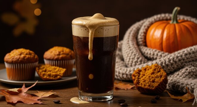 Autumn nitro cold brew pumpkin coffee and pumpkin muffins with pumpkin wrapped in scarf, seasonal fall cuisine.