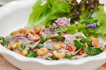 spicy salad or noodles salad, Thai spicy salad or vermicelli and minced pork salad