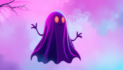 Playful purple ghost spirit hovering amidst mystical clouds for Halloween fun