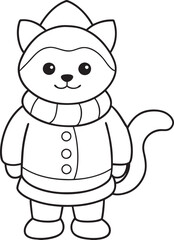 Cartoon Cat Illustration Wearing Winter Clothes in Black and White Style