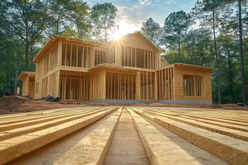 Sunlit wooden framed house under construction surrounded by tall pine trees with clear sky in the background