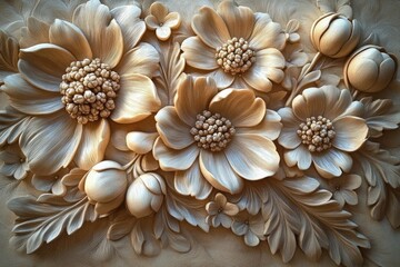 Intricate wood carving of large blooming flowers with detailed petals, buds, and leaves in a natural wood tone showcasing artistic craftsmanship and depth