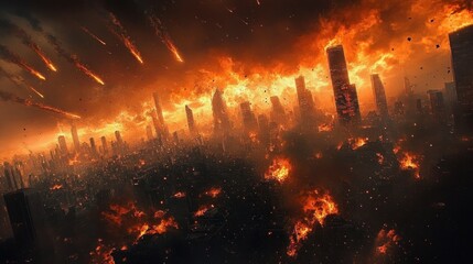 Massive city engulfed in intense fires under a dark sky with burning meteors falling, capturing a chaotic and apocalyptic atmosphere