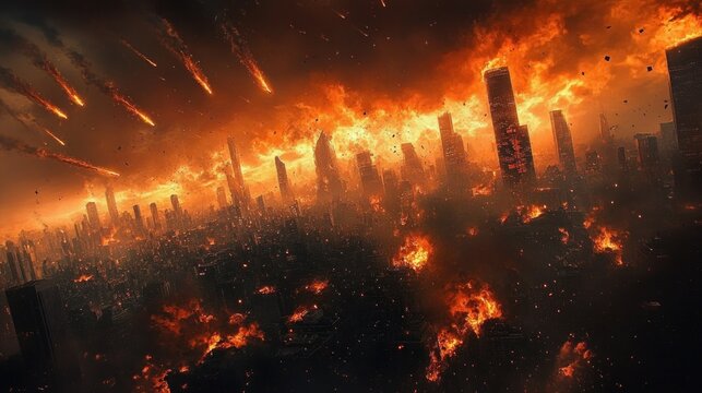 Massive city engulfed in intense fires under a dark sky with burning meteors falling, capturing a chaotic and apocalyptic atmosphere