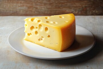 Slice of semi-hard yellow cheese with holes placed on a white ceramic plate against a wooden background