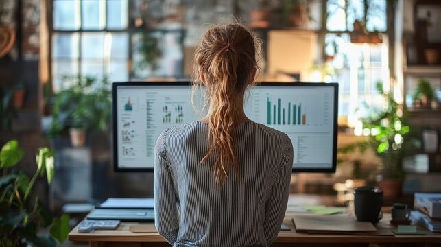 woman with long hair tied in a ponytail sitting at a desk working on a computer with dual monitors displaying data graphs in a cozy home office filled with plants and natural light
