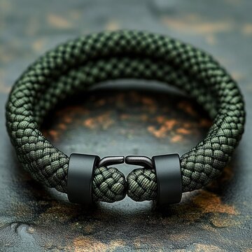 Close-up of a green braided paracord bracelet with black metal clasp on a textured dark surface