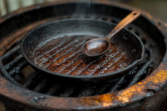 close-up of a cast iron grill pan with a wooden spoon resting inside on a rusty metal grill with steam rising - Powered by Adobe