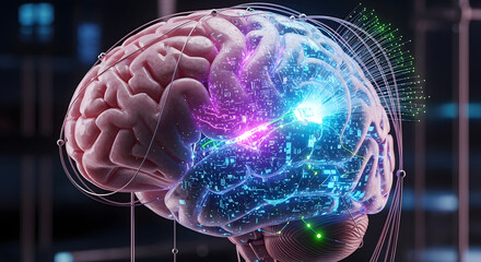 Depicting technological advancement in neurology and neural interfaces, showcasing the convergence of the human brain and advanced digital technology, suggesting potential future integration and