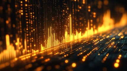 Glowing orange digital data visualization with vertical bars and scattered light particles conveying high-tech information flow and futuristic technology