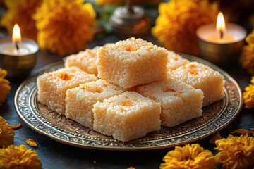 Close-up of traditional rice dessert squares decorated with orange flower petals on an ornate metal plate surrounded by glowing candles and marigold flowers, evoking a warm festive atmosphere