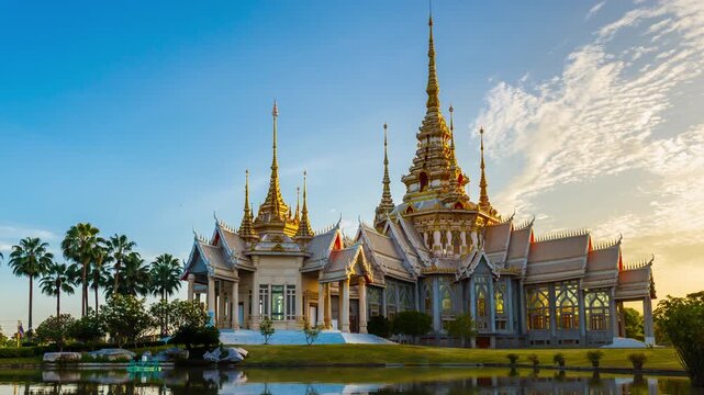 Timelapse of Wat Non Kum or Wat Luang Pho To in Sikhio District, Nakhon Ratchasima, Korat, Thailand is a symbolic place of temples in Thailand. At sunset, there is a reflection in the water.
