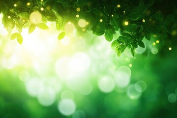 Obraz premium Close-up view of lush green leaves with glowing bokeh light effects and ethereal golden particles creating a magical and serene atmosphere