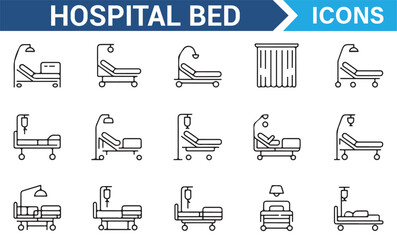 Hospital Treatment Room and Patient Bed Icon Set for Medical Graphics