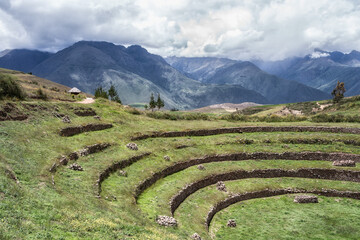 Scenic view with the circular agricultural terraces of Moray an Inca archaeological site in the...