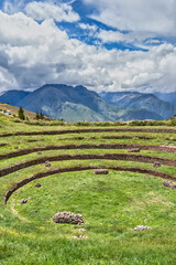 Scenic view with the circular agricultural terraces of Moray an Inca archaeological site in the Sacred Valley of Peru.