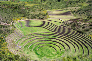 Scenic view with the circular agricultural terraces of Moray an Inca archaeological site in the Sacred Valley of Peru.