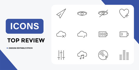 Minimalist Icon Set Featuring Send Visibility Cloud Barcode and Music Elements