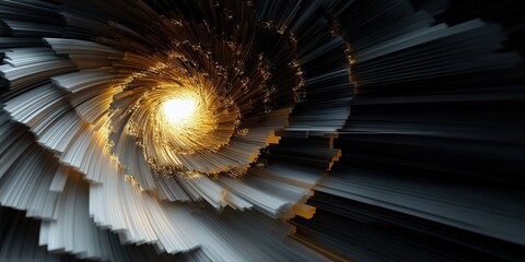 Dynamic swirling vortex of white and gold paper strips against black background with central illumination, abstract digital art showcasing futuristic motion and luminous contrast