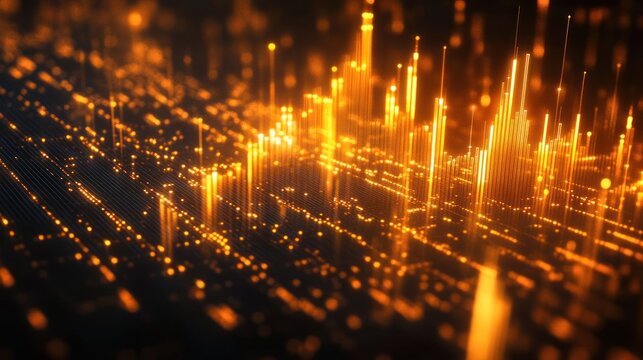 Abstract digital landscape with glowing golden vertical lines and dots resembling a futuristic data or cityscape visualization - Powered by Adobe