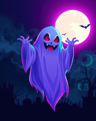 Spooky purple ghost with a creepy smile floats under a full moon, perfect for Halloween fun