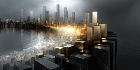 Futuristic city skyline composed of gold and black metal cubes floating over water, illuminated by golden light creating reflective surface patterns with avant-garde architectural concept art