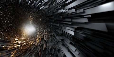 Abstract black and gold metal block tunnel with illuminated endpoint, futuristic geometric background for technology product design or presentation concepts