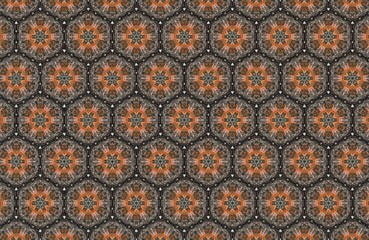 An intricate seamless repeating pattern, composed of interconnected hexagonal cells. The design features a rich blend of brown, orange, and gray hues, creating a textured, geometric visual