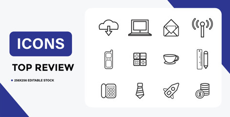 Obraz premium Outline icons of business and technology related objects in black and white