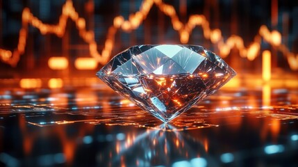 Close-up of a brilliant diamond reflecting orange and blue light with a dynamic glowing graph background indicating financial growth or digital data