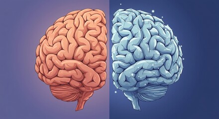 Illustration of a human brain split into two halves representing different concepts.