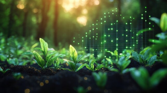 Young green plants sprouting from rich soil in a sunlit forest with digital grid and glowing data points overlay symbolizing technological growth and environmental data