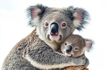 close-up of adult koala hugging baby koala showing affection and protection with soft fur and gentle expressions
