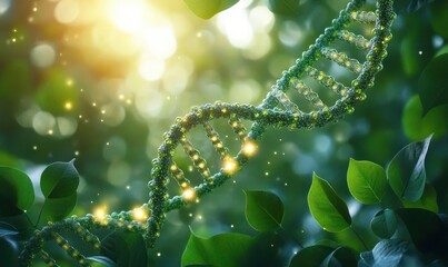 Close-up of a glowing green DNA double helix structure surrounded by lush green leaves with sunlight filtering through, symbolizing life and nature