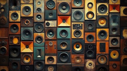 Wall covered with numerous vintage wooden speaker boxes of various sizes and designs creating a nostalgic and textured visual pattern