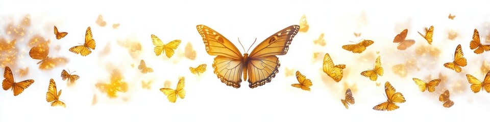 A swarm of vibrant orange and yellow butterflies flying gracefully over a soft glowing background, evoking a sense of freedom and natural beauty