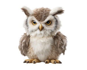 Naklejka premium Realistic owl plush toy with soft brown and white fur, large yellow eyes, and detailed feathers, sitting upright and looking curious, perfect for children or collectors