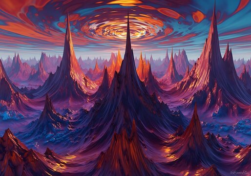 Spectacular alien landscape with jagged mountains under a swirling colorful sky full of wonder and mystery evoking