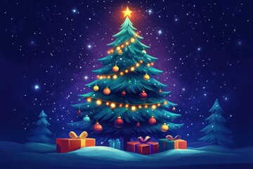 Peaceful winter night with a beautifully decorated Christmas tree glowing with lights and ornaments surrounded by gift boxes on snow under a starry sky