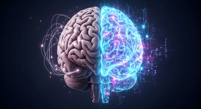 Depicting the convergence of neuroscience and digital technologies, the image shows the fusion between the human brain and data networks, symbolizing cognitive enhancement through computational power