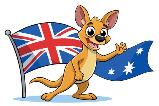 Cartoon kangaroo waving with an australian flag