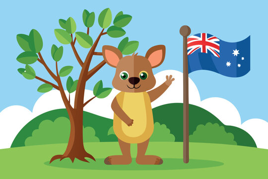 Cartoon kangaroo waving near an australian flag and tree on a sunny day