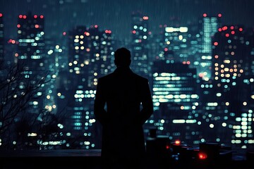 Silhouette of a person standing alone in the rain overlooking a lit-up city skyline at night with blurred lights and tall buildings