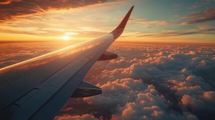 Obraz premium View from airplane window showing wing above thick clouds during golden sunset with colorful sky