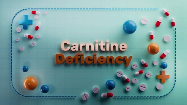 Animated text "Carnitine Deficiency" on a 3D medical background. Ideal for biology education, cellular energy visuals, metabolic health, nutritional science, wellness content