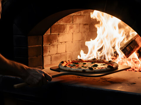 Chef placing a pizza into a glowing wood-fired brick oven