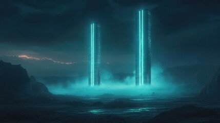 Obraz premium Car vintage night concept. Futuristic towers illuminated in a mystical, foggy landscape.