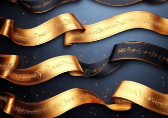 Elegant flowing golden and black ribbons with intricate calligraphic patterns on a textured dark background emitting a luxurious and festive atmosphere