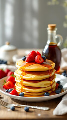 Delicious Pancakes with Syrup. Golden Pancakes and Maple Syrup Bottle. Breakfast with Pancakes and Syrup