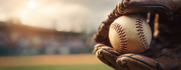 The baseball resting in a glove at a vibrant outdoor field.